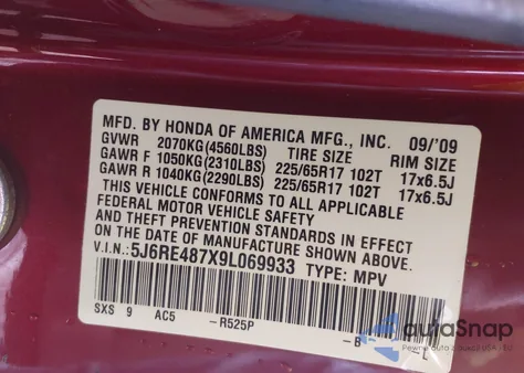 2009 Honda Cr-V Ex-L из США, поврежденный, VIN 5J6RE487X9L069933